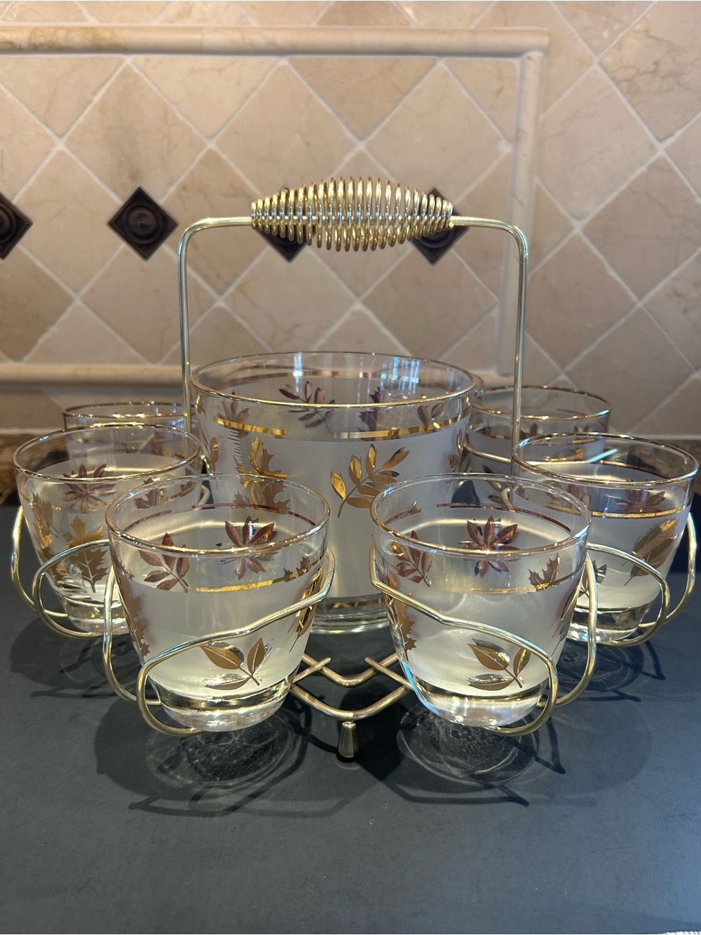 Vintage MCM Libbey Golden Foliage Set with 8 Glasses with Caddy & Ice Bucket.